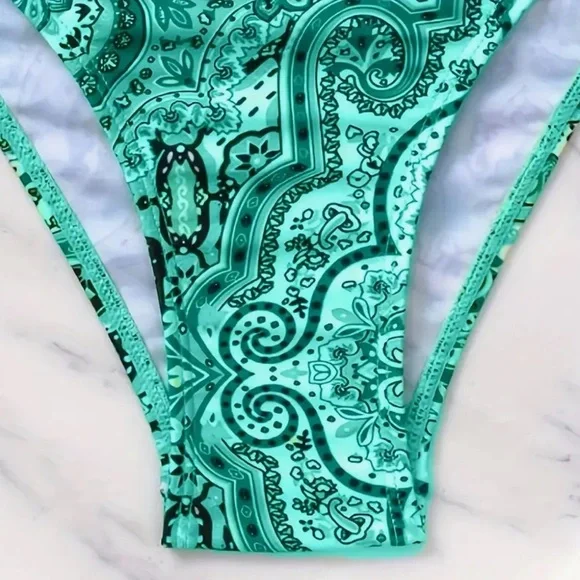Green Paisley Halter Push Up Bikini Set - Picture 4 of 6